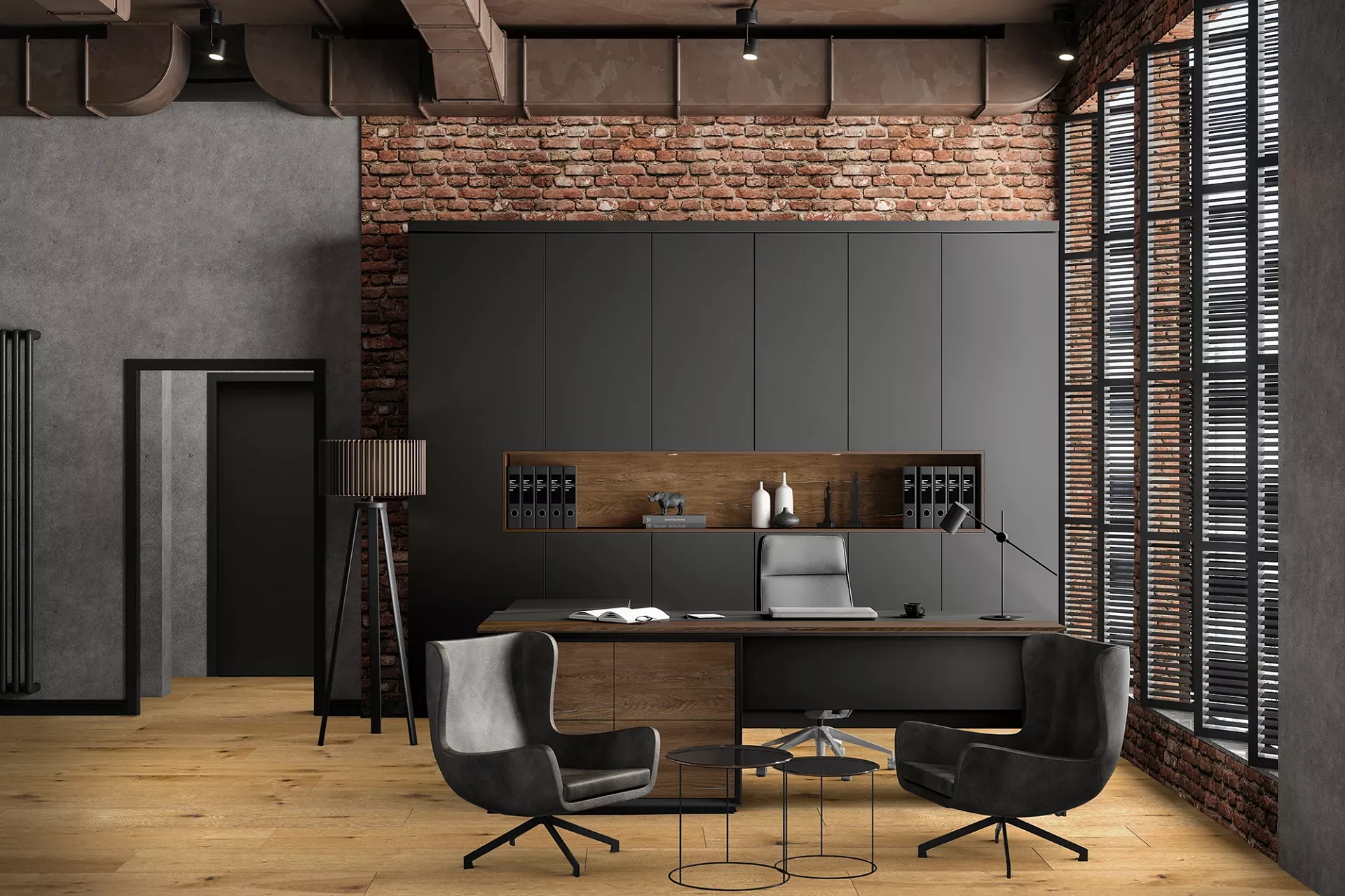 Płyta meblowa laminowana Dąb Silverjack Postarzany K545 połączona z Bazalt 0166 inspiracją do eleganckich gabinetów